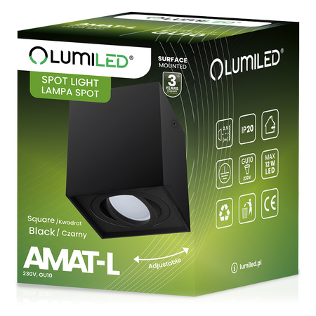 Oprawa Natynkowa HALOGENOWA Spot Tuba Ruchoma GU10 Kwadratowa Czarna 115mm AMAT-L LUMILED