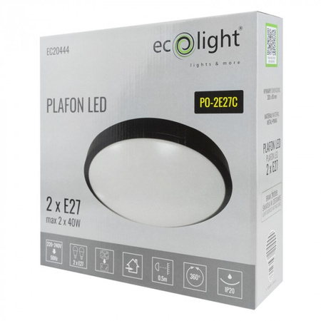 Plafon LED Lampa Sufitowa Natynkowa 2x E27 Czarna Okrągła Ecolight