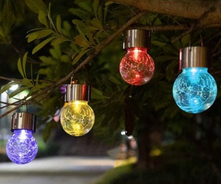 Lampa ogrodowa LED solarna wisząca KULKA LED RGB szklana czarna efekt pękniętego szkła