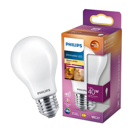 Żarówka LED E27 A60 3.4W = 40W 470lm 2700 Ciepła Filament Mleczna PHILIPS  Ściemnialna