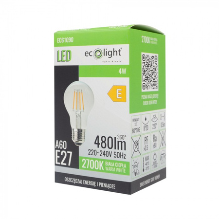 Żarówka LED A60 E27 4W 480lm 2700K Ciepła FILAMENT Ecolight