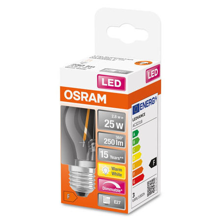 Żarówka LED P45 Kulka E27 2.8W = 25W 250lm 2700K Ciepła 320° Ściemnialna Retrofit Filament CLASSIC Osram