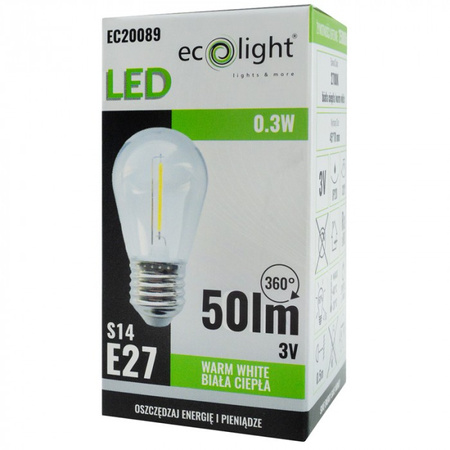 Żarówka LED Edison S14 E27 0.3W 50lm 2700K Ciepła 3V FILAMENT Ecolight