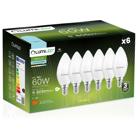 Zestaw 6x Żarówka LED ŚWIECA B35 E14 8W = 60W 806lm 6500K Zimna 180° LUMILED