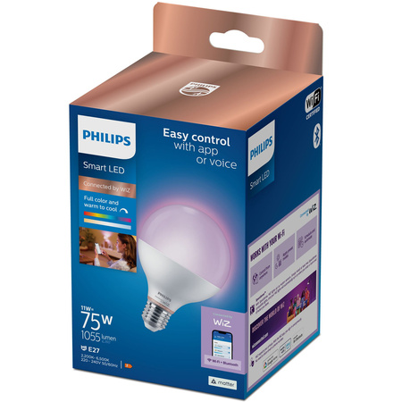 Żarówka LED E27 Kula G95 11W = 75W 1055lm 2200-6500K RGB + TW Inteligentna SMART WiFi Bluetooth Aplikacja WiZ Philips