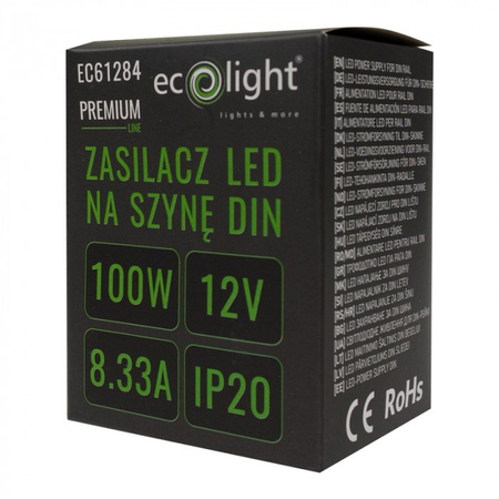Zasilacz na Szynę DIN do Taśm LED 100W 12V 8.33A IP20 PREMIUM Ecolight