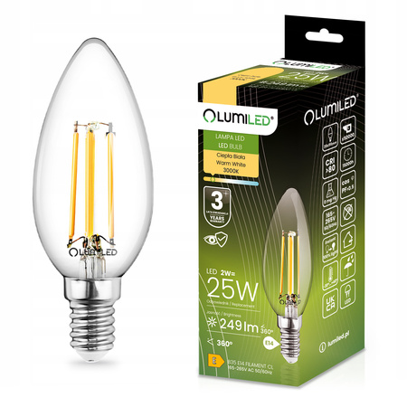 Żarówka LED E14 B35 2W = 25W 249lm 3000K Ciepła 360° Filament LUMILED