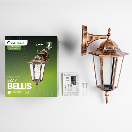 Kinkiet Ogrodowy Elewacyjny Zewnętrzny E27 LATARNIA do DOŁU Patyna BELLIS LUMILED