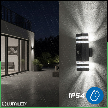 Lampa Ogrodowa Kinkiet Elewacyjny góra dół 2xGU10 Czarny Czujnik Ruchu IP54 PROTEA LUMILED
