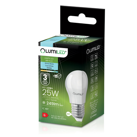 Żarówka LED E27 Kulka P45 2,5W = 25W 249lm 6500K Zimna 180° LUMILED