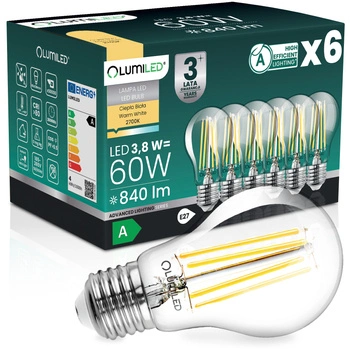 6x Żarówka LED E27 A60 3,8W 840lm = 60W 2700K Ciepła 360° Filament KLASA A LUMILED