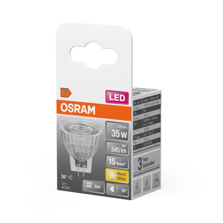 Żarówka LED MR11 Reflektor GU4 4.2W = 35W 345lm 2700K Ciepła 12V 36° STAR Osram