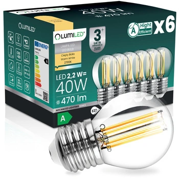 6x Żarówka LED E27 Kulka P45 2,2W 470lm = 40W 2700K Ciepła 360° Filament KLASA A LUMILED