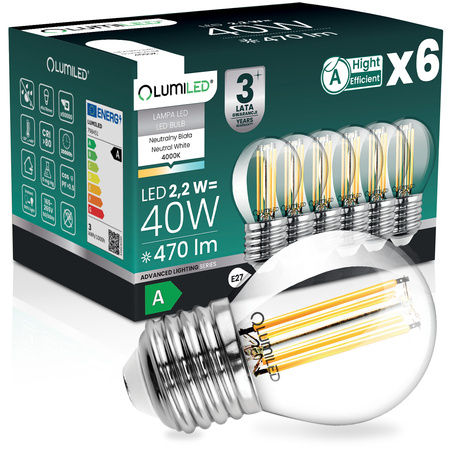 6x Żarówka LED E27 Kulka P45 2,2W 470lm = 40W 4000K Neutralna 360° Filament KLASA A LUMILED