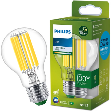 Żarówka LED E27 A60 210.3lm/W 7.3W = 100W 1535lm 4000K Neutralna Filament PHILIPS Ultra Efficient