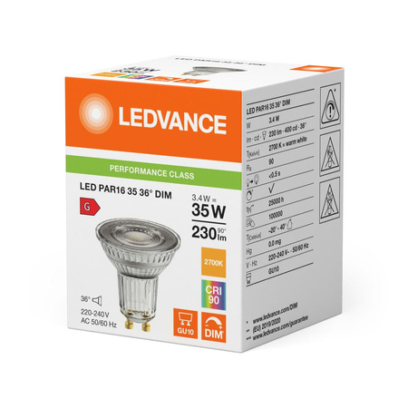 Żarówka LED PAR16 GU10 3.4W = 35W 230lm 2700K Ciepła Biała 36° ŚCIEMNIALNA LEDVANCE