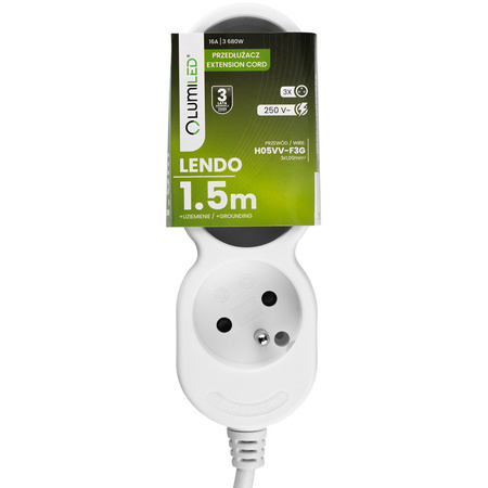 Przedłużacz Sieciowy Kabel z Uziemieniem Listwa Zasilająca 3 Gniazda 1.5m Biały Sznur Lendo Lumiled