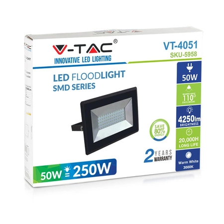 Naświetlacz LED 50W 4250lm 4000K IP65 Czarny SMD VT-4051B V-TAC