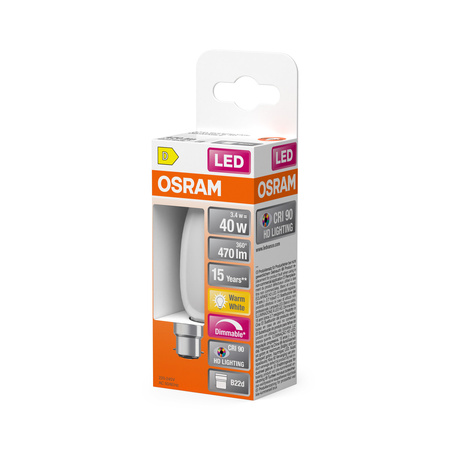 Żarówka LED B35 Świeczka B22d 3.4W = 40W 470lm 2700K Ciepła CRI90 300° Filament Ściemnialna SUPERSTAR PLUS CLASSIC Osram