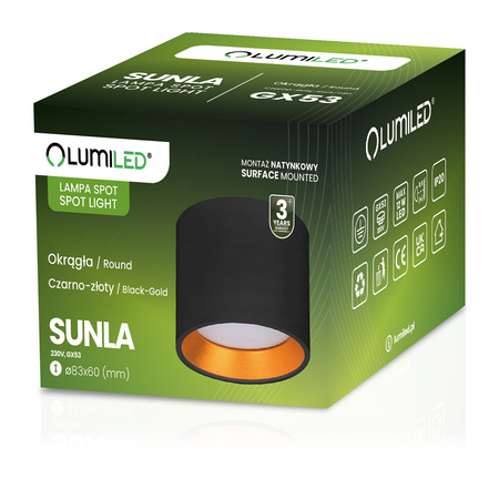 Oprawa HALOGENOWA Natynkowa SUNLA Tuba Gx53 LED Spot Kinkiet Sufitowa Walec Czarno - Złoty LUMILED