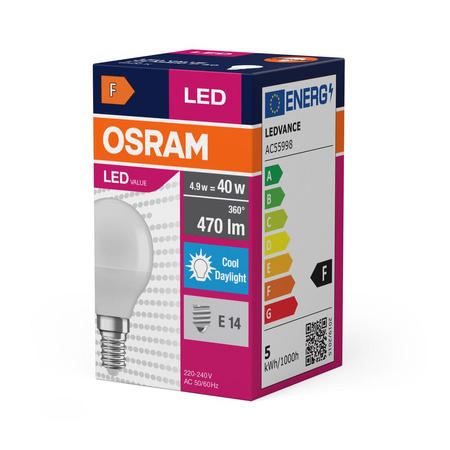 Żarówka LED P45 Kulka E14 4.9W = 40W 470lm 6500K Zimna 150° VALUE CLASSIC Osram