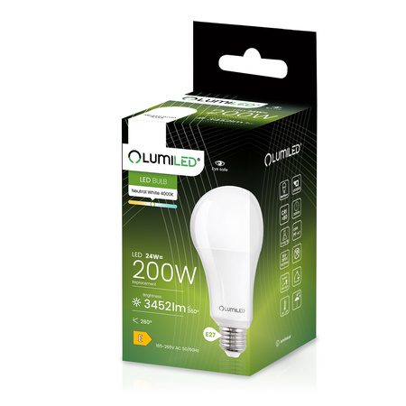 Żarówka LED E27 A60 24W = 200W 3452lm 4000K Neutralna 260° LUMILED