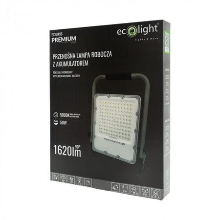 Naświetlacz LED Reflektor Akumulatorowy 50W 1620lm 5000K Zimna 6000mAh IP65 Ecolight