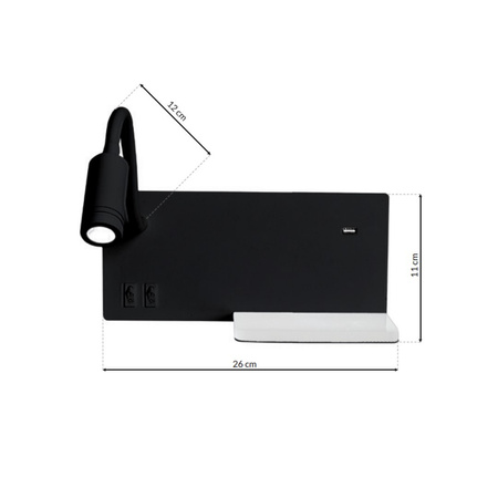 Lampka nocna ścienna z półką SHELF Czarna LED 4W + 5W + 2W Milagro