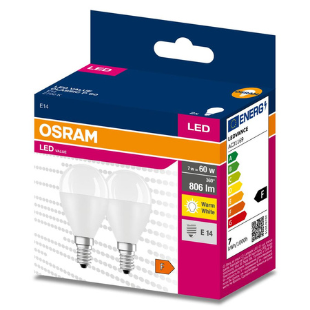 2x Żarówka LED P45 Kulka E14 6.5W = 60W 806lm 2700K Ciepła 150° VALUE CLASSIC Osram