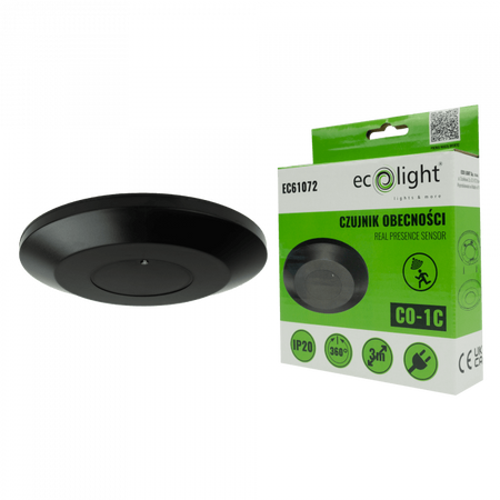Czujnik Ruchu i Zmierzchu Czujnik Obecności PIR Natynkowy Sufitowy Czarny 3m 360° CO Ecolight