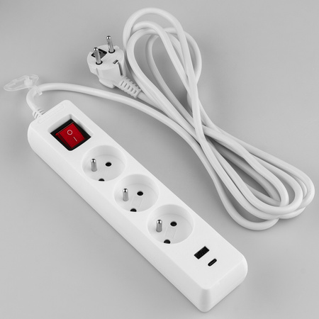 Przedłużacz Sieciowy Kabel z Uziemieniem Listwa Zasilająca 3 Gniazda 3m Włącznik ON/OFF Biały USB + USB-C Sznur ELGER Lumiled
