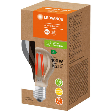 Żarówka LED E27 A60 7,2W = 100W 1521lm 3000K Ciepła 300° Filament LEDVANCE Ultra Efficient