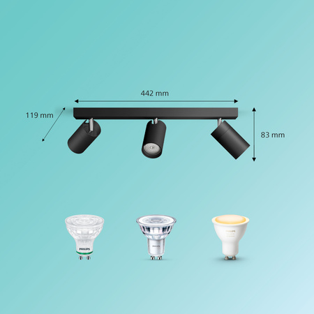 Lampa Sufitowa Reflektor 3x GU10 IP44 Czarna Kosipo Philips