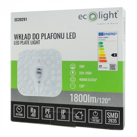 Moduł LED Wkład do Plafonu Panelu Lampy 18W 4000K Barwa Neutralna 1800lm Ecolight