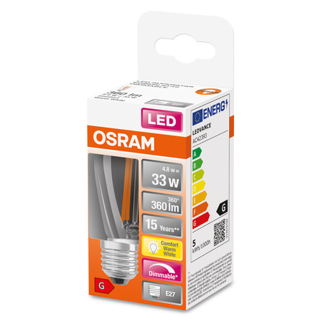 Żarówka LED ST45 E27 4.8W = 33W 360lm 2200K Ciepła 320° Ściemnialna Retrofit Filament CLASSIC Osram