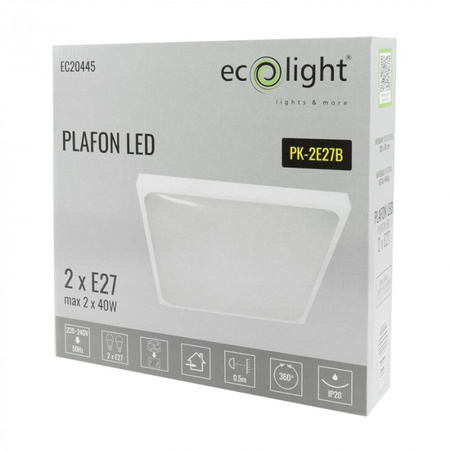 Plafon LED Lampa Sufitowa Natynkowa 2x E27 Biała Kwadratowa Ecolight