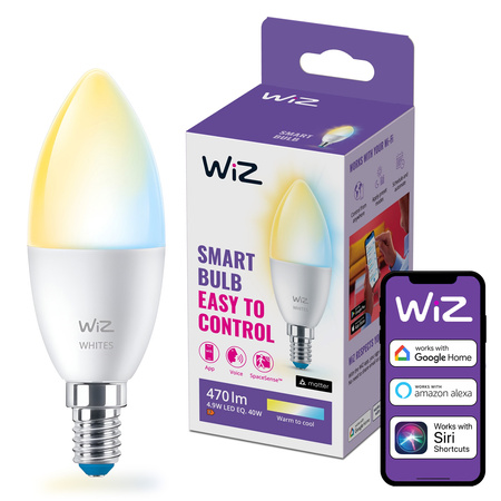 Żarówka LED E14 Świeczka C37 4.9W = 40W 470lm 2700-6500K TW Inteligentna SMART WiFi Bluetooth Aplikacja WiZ