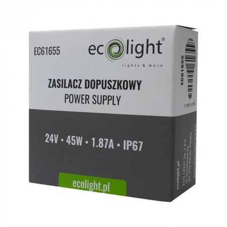 Zasilacz dopuszkowy FI60 do Taśm LED 45W 24V 1.87A Hermetyczny IP67 Ecolight