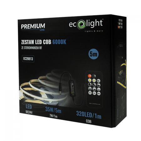 Taśma LED Pasek COB 7W/m 630lm/m 320LED/m 24V 6000K Zimna IP20 Rolka 5m + Zasilacz + Pilot Ecolight