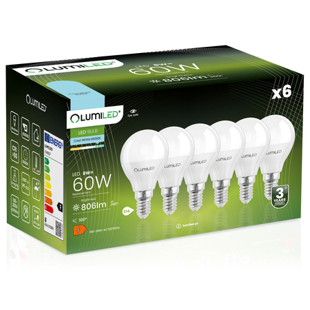 Zestaw 6x Żarówka LED E14 P40 8W = 60W 806lm 6500K Zimna 180° LUMILED