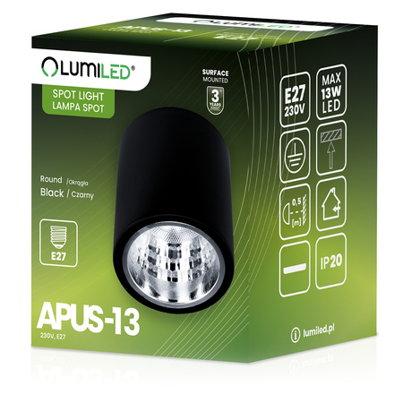 Oprawa Sufitowa Natynkowa Stała Okrągła APUS 13 Spot TUBA Czarna E27
