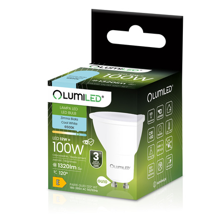 Żarówka LED GU10 Reflektor PAR16 12W = 100W 1320LM 6500K Zimna 120° LUMILED