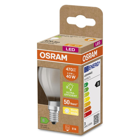 Żarówka LED P45 Kulka E14 2.5W = 40W 470lm 2700K Ciepła 300° 188lm/W CLASSIC ENERGY EFFICIENCY Osram