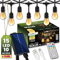 Girlanda Solarna Ogrodowa 15x LED Ozdobne Żarówki 10m + PILOT IP65 2700K Ciepła SOLLIS LUMILED