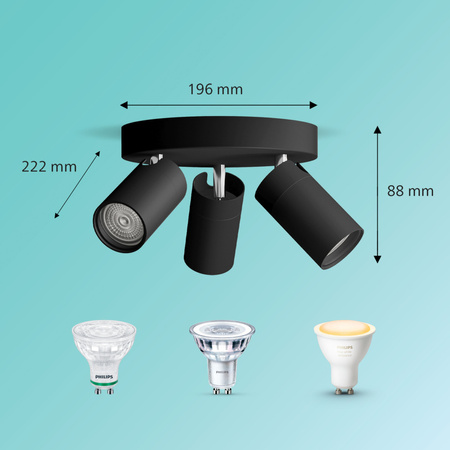 Lampa Sufitowa Reflektor 3x GU10 IP44 Czarna Kosipo Philips