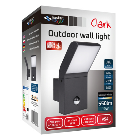 Kinkiet Ogrodowy Elewacyjny Lampa Zewnętrzna LED 12W 4000K IP54 z Czujnikiem Ruchu i Zmierzchu