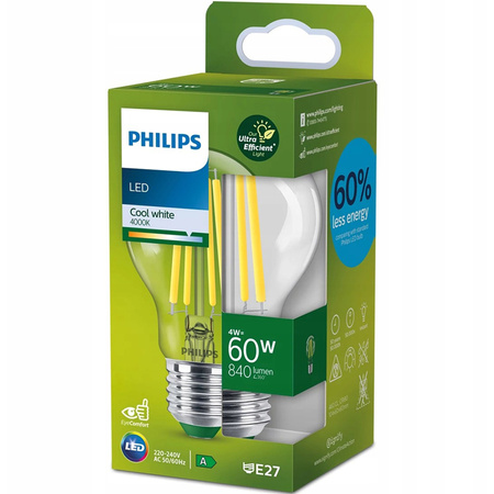 Żarówka LED E27 A60 210lm/W 4W = 60W 840lm 4000K Neutralna Filament PHILIPS Ultra Efficient