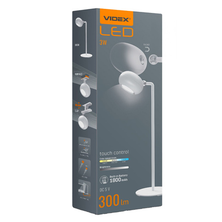 Lampka Biurkowa LED Nocna 3W 300lm 5500K Zimna Biała Ściemnialna Videx