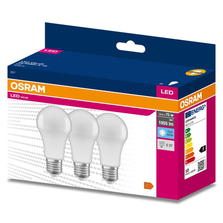 3x Żarówka LED A60 E27 10W = 75W 1055lm 4000K Neutralna 200° VALUE CLASSIC Osram