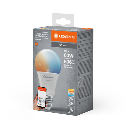 Żarówka LED E27 A60 9W 806lm SMART+ WiFi CCT Ściemnialna Classic LEDVANCE